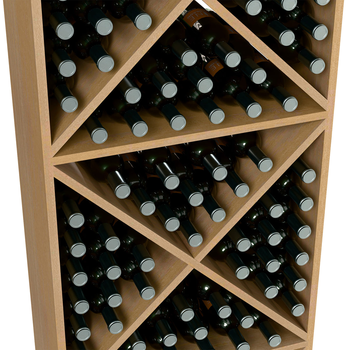Light wood wine bottle storage rack interior close-up with crisscross bottle slots