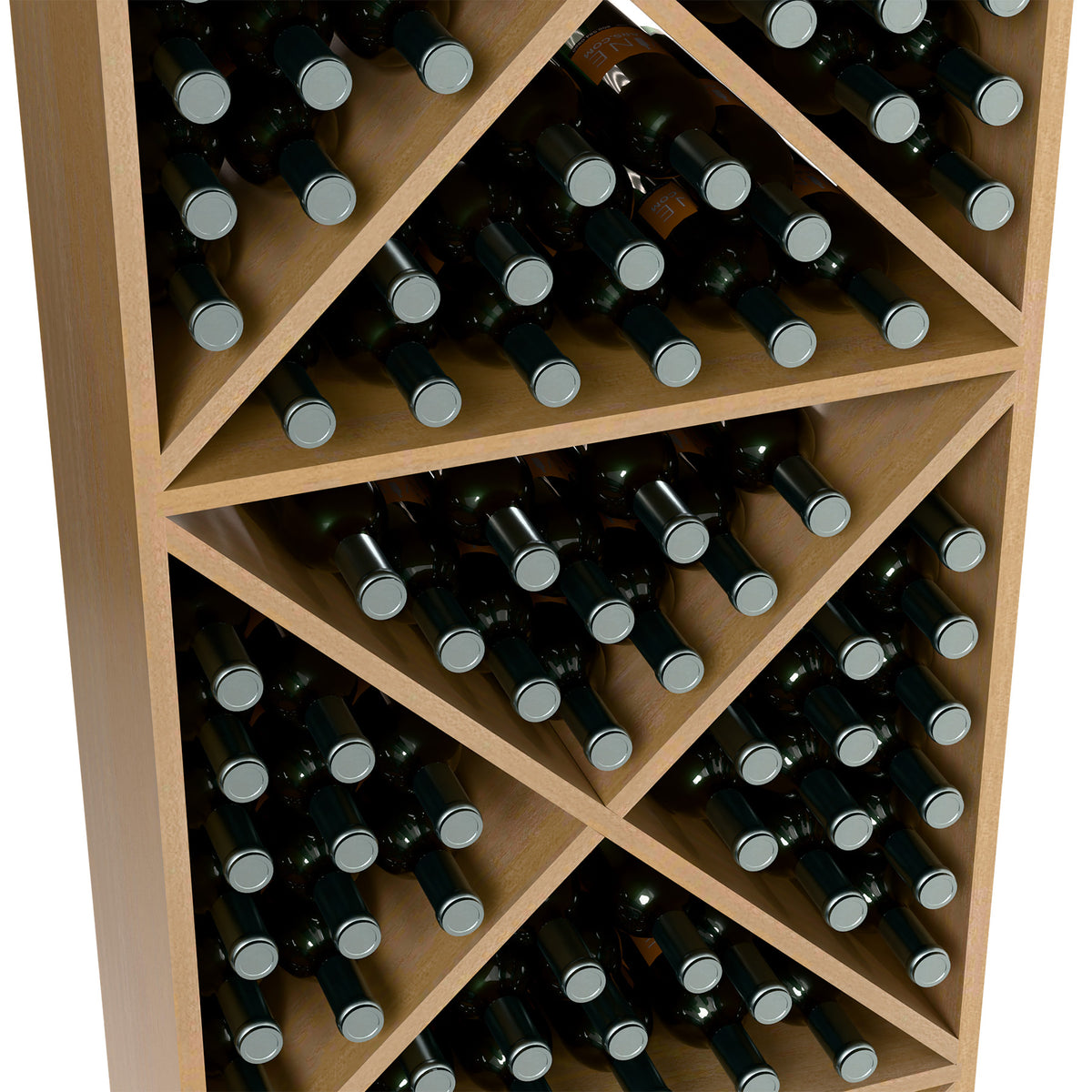 Wine bottle storage rack interior with X pattern, dark bottles with silver caps