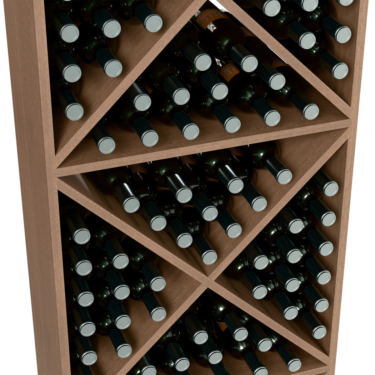 Wine bottle storage rack interior with X pattern, dark bottles with gray metal caps