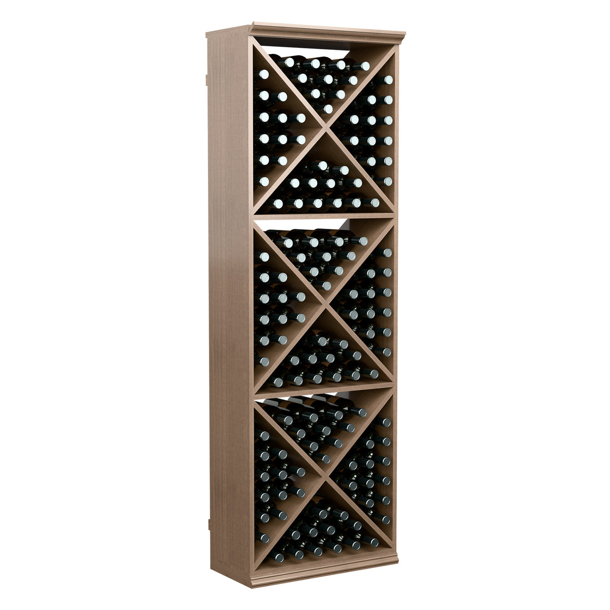 Wine bottle storage rack with X-brace slots, light wood frame, wine bottles in cubbies