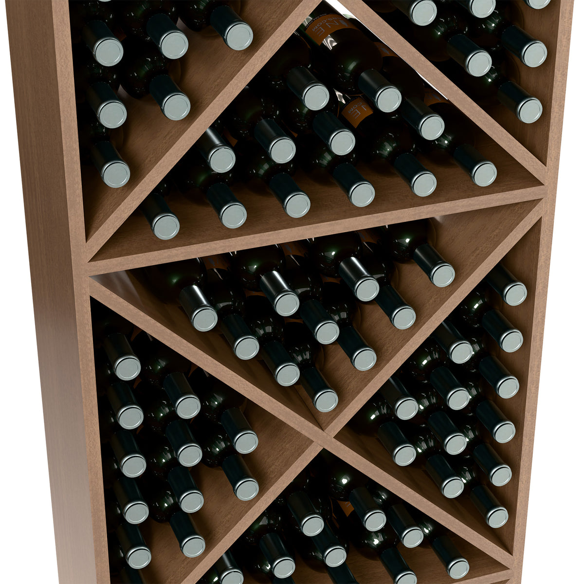 Wine bottle storage rack interior with X pattern, dark bottles and silver bottle caps
