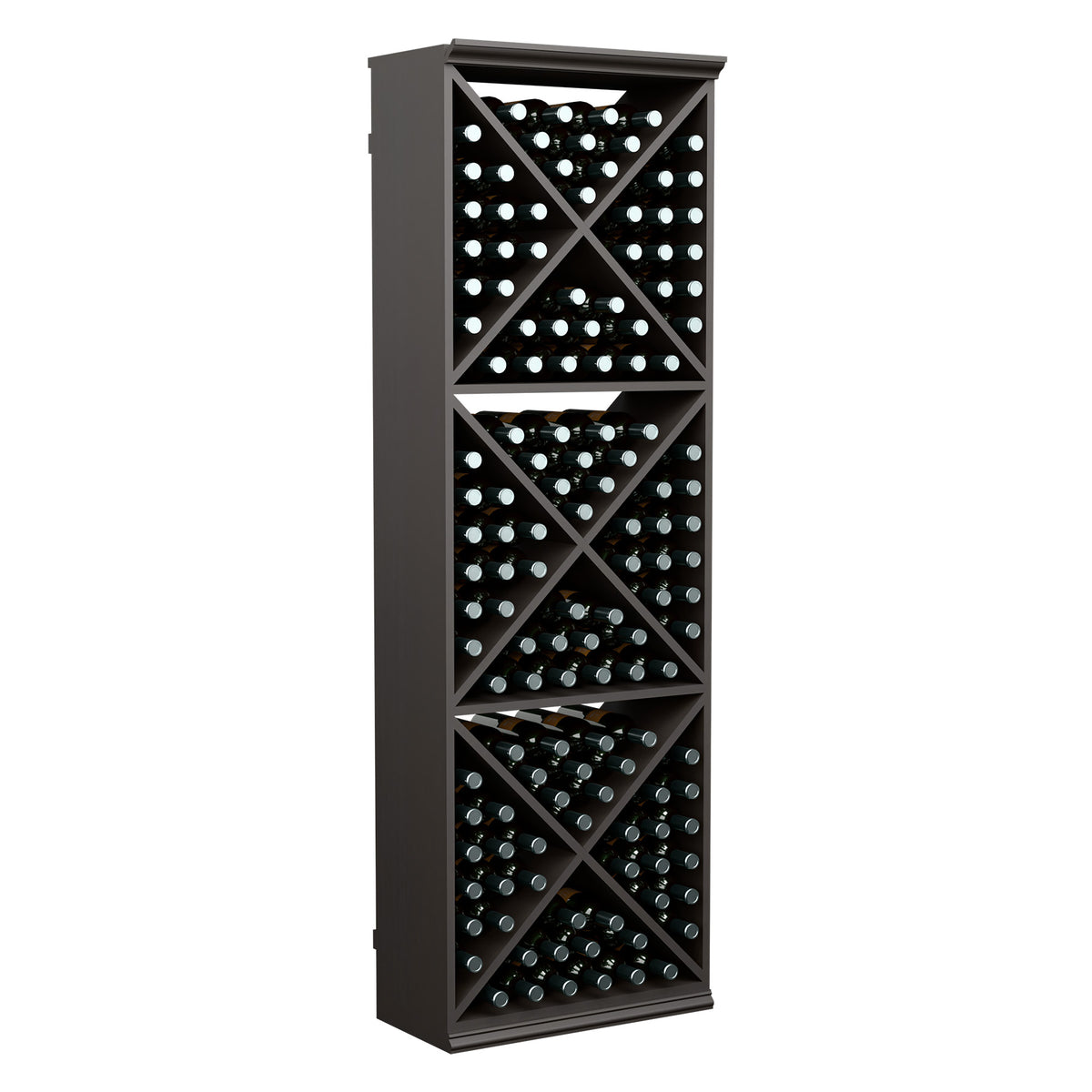 Wine bottle storage rack with X-brace slots, dark wood frame, bottles displayed in rows