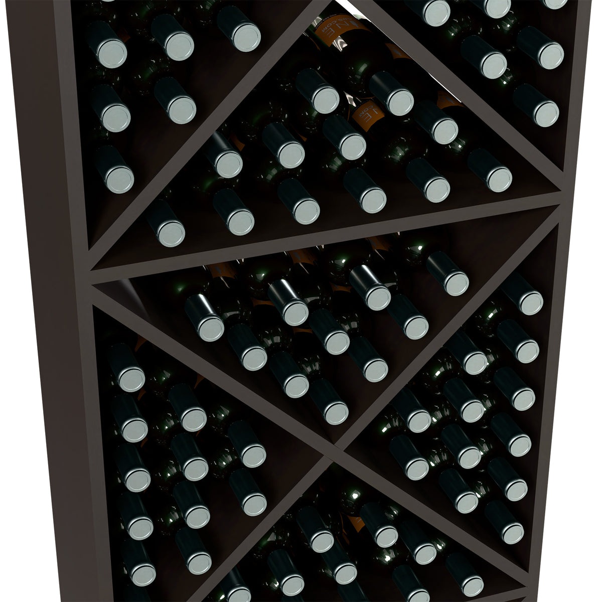 Wine bottle storage rack interior with X pattern, dark bottles with silver caps