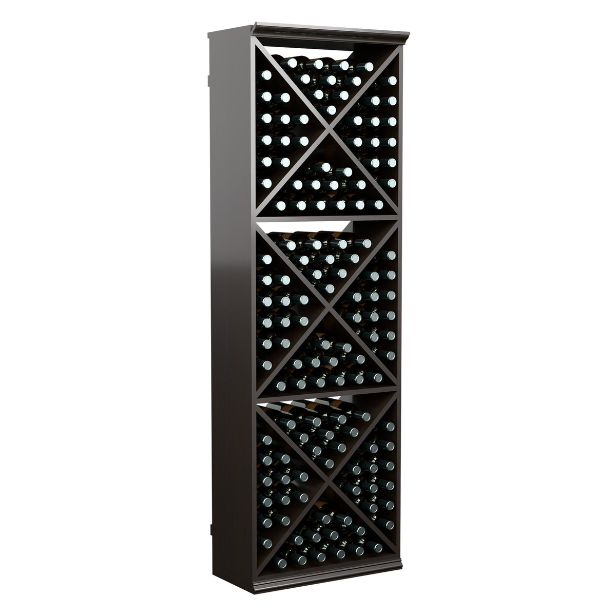 Wine bottle storage rack with X-brace slots, dark wood frame, wine bottles in cubbies