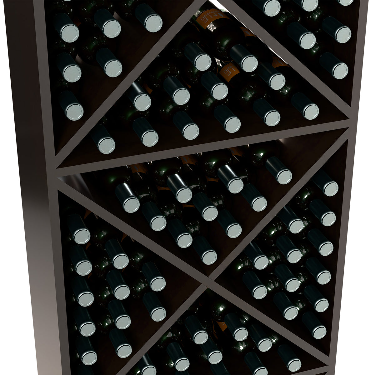 Wine bottle storage rack interior with X pattern, dark bottles with gray metal caps