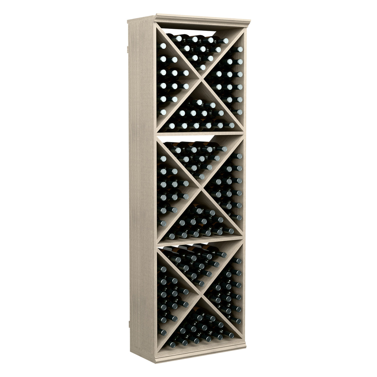 Light wood wine bottle storage rack with X-style dividers, holding bottles