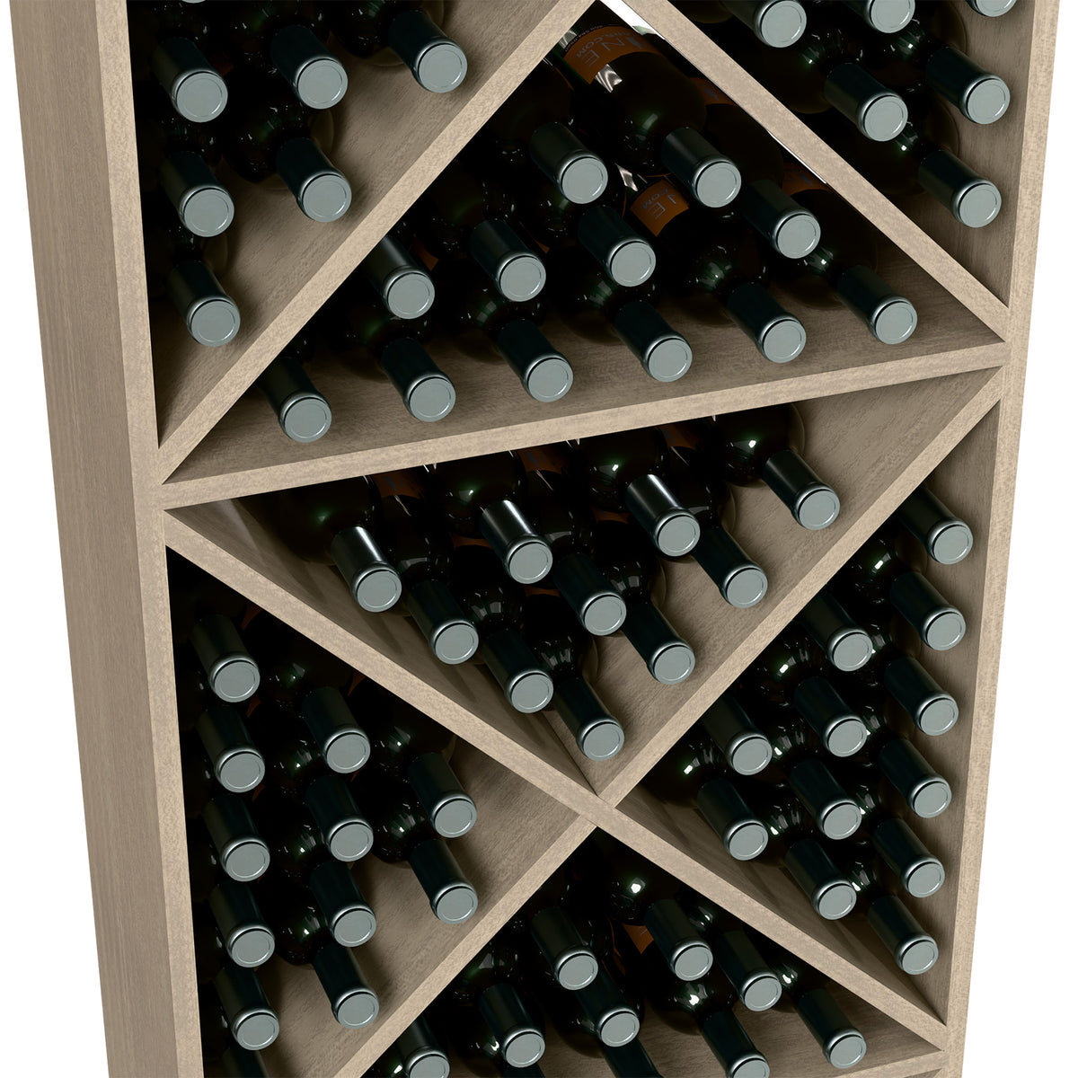Close-up of wine bottle storage rack with X dividers and bottle neck labels