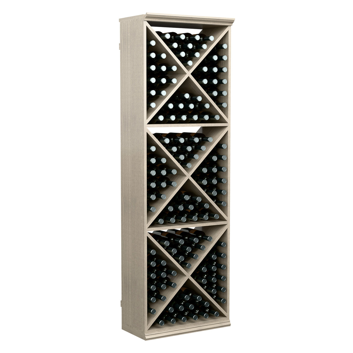 Light wood vertical wine rack with crisscross dividers and filled bottle slots