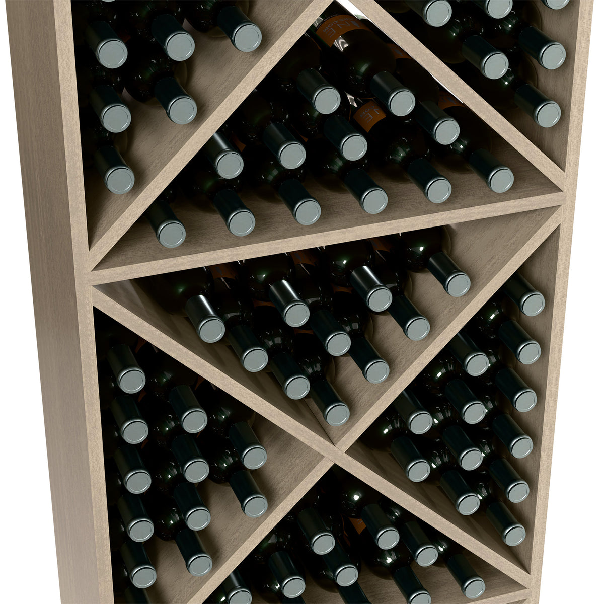 Angled view of wine rack compartments with X dividers and dark bottles