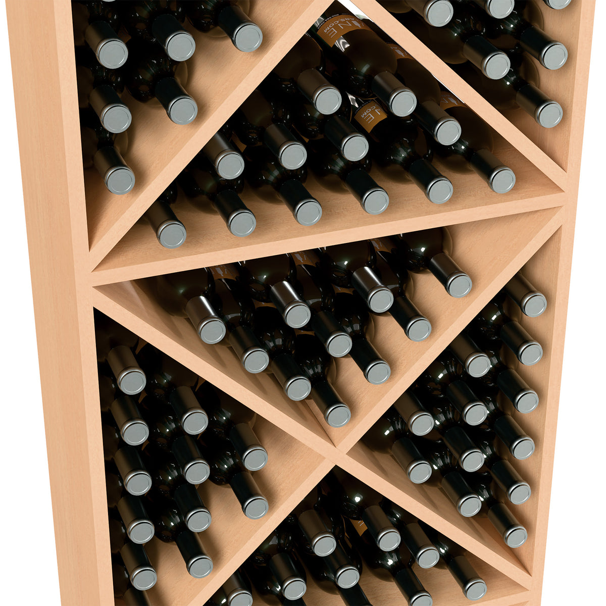 Close-up of wine bottle rack showing X dividers and bottle rows