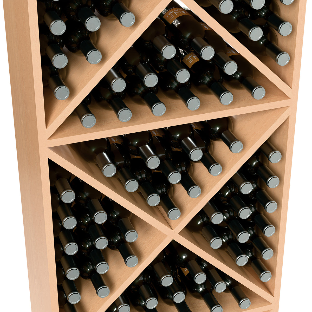 Close-up of filled wine bottle storage rack with X dividers and caps