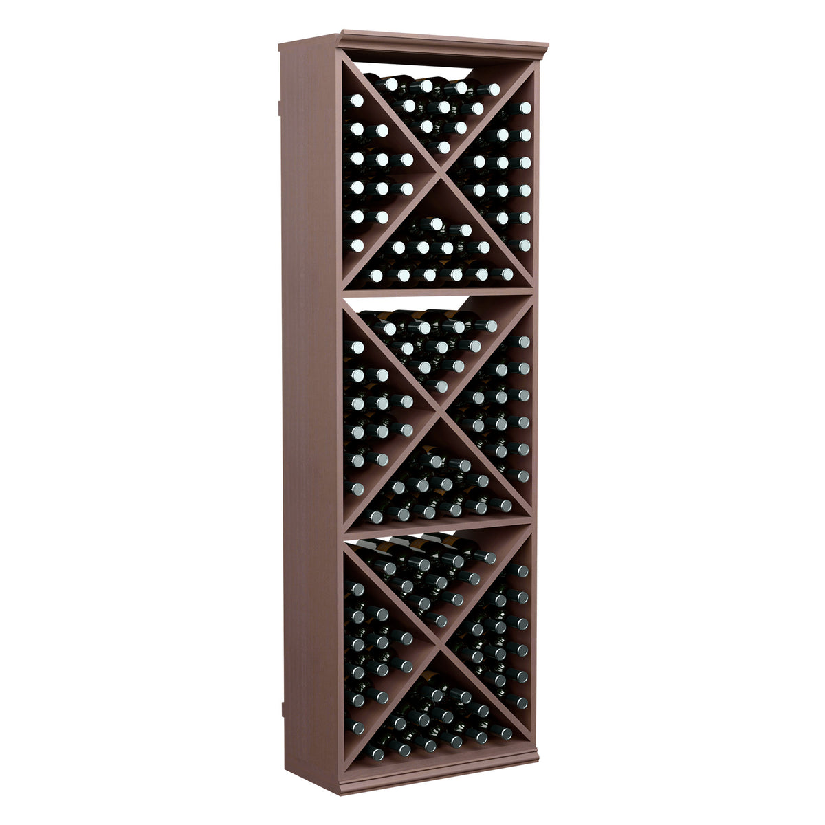 Dark wood wine bottle storage rack with X-style dividers and stocked shelves
