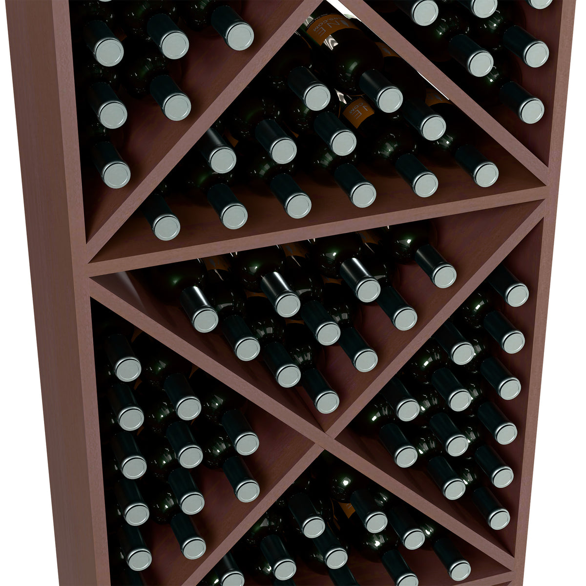 Close-up of dark wood wine rack compartments with X dividers and bottles