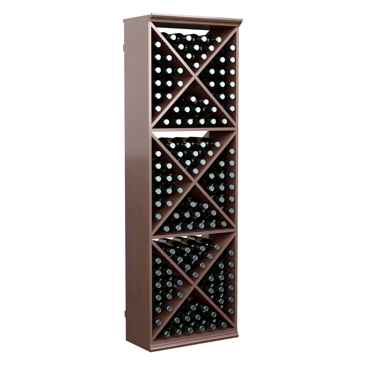 Wood wine bottle storage rack with X-grid dividers, holding bottles