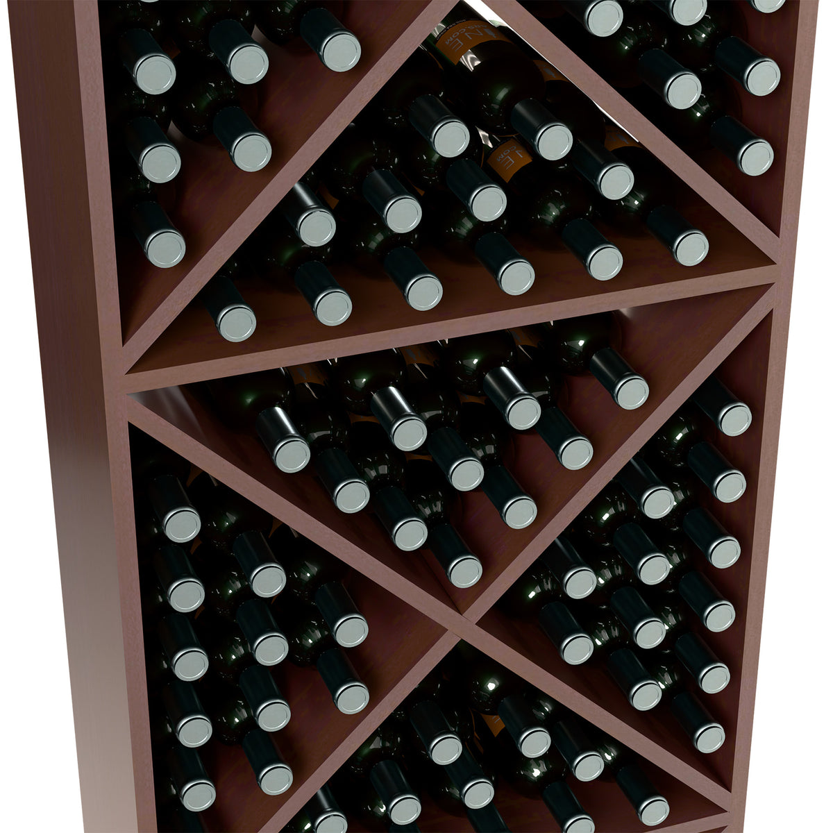 Close-up of wine rack compartments with X dividers and upright bottles