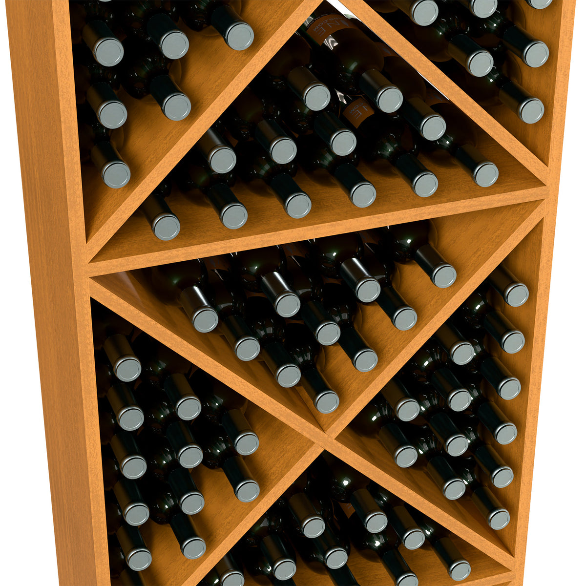 Close-up of light wood wine rack with X dividers and capped bottles