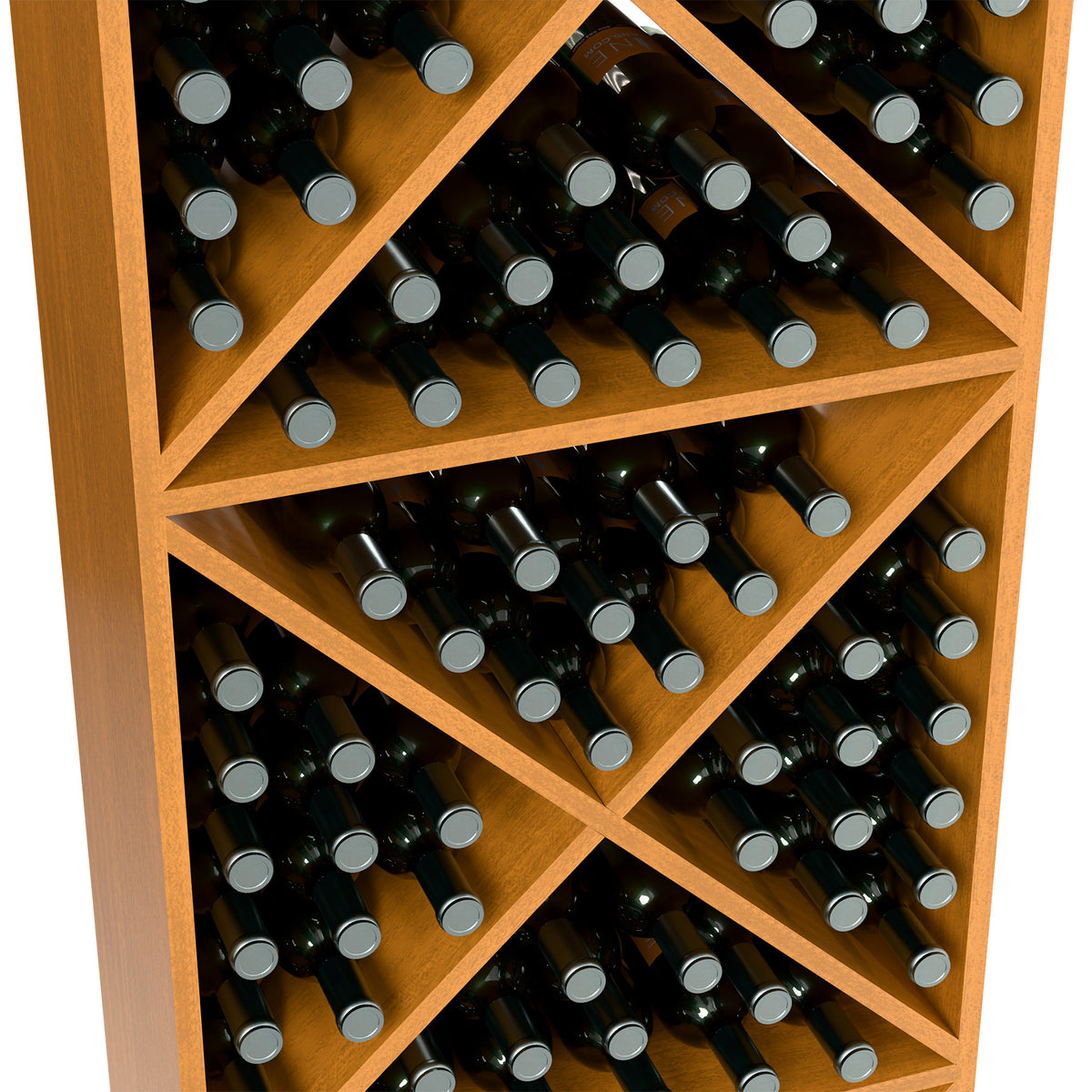 Close-up view of wine rack shelves with X dividers and bottle necks