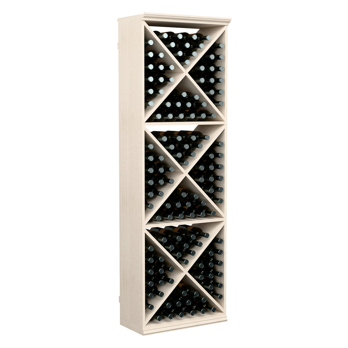White-finish wood wine bottle storage rack with X-grid dividers