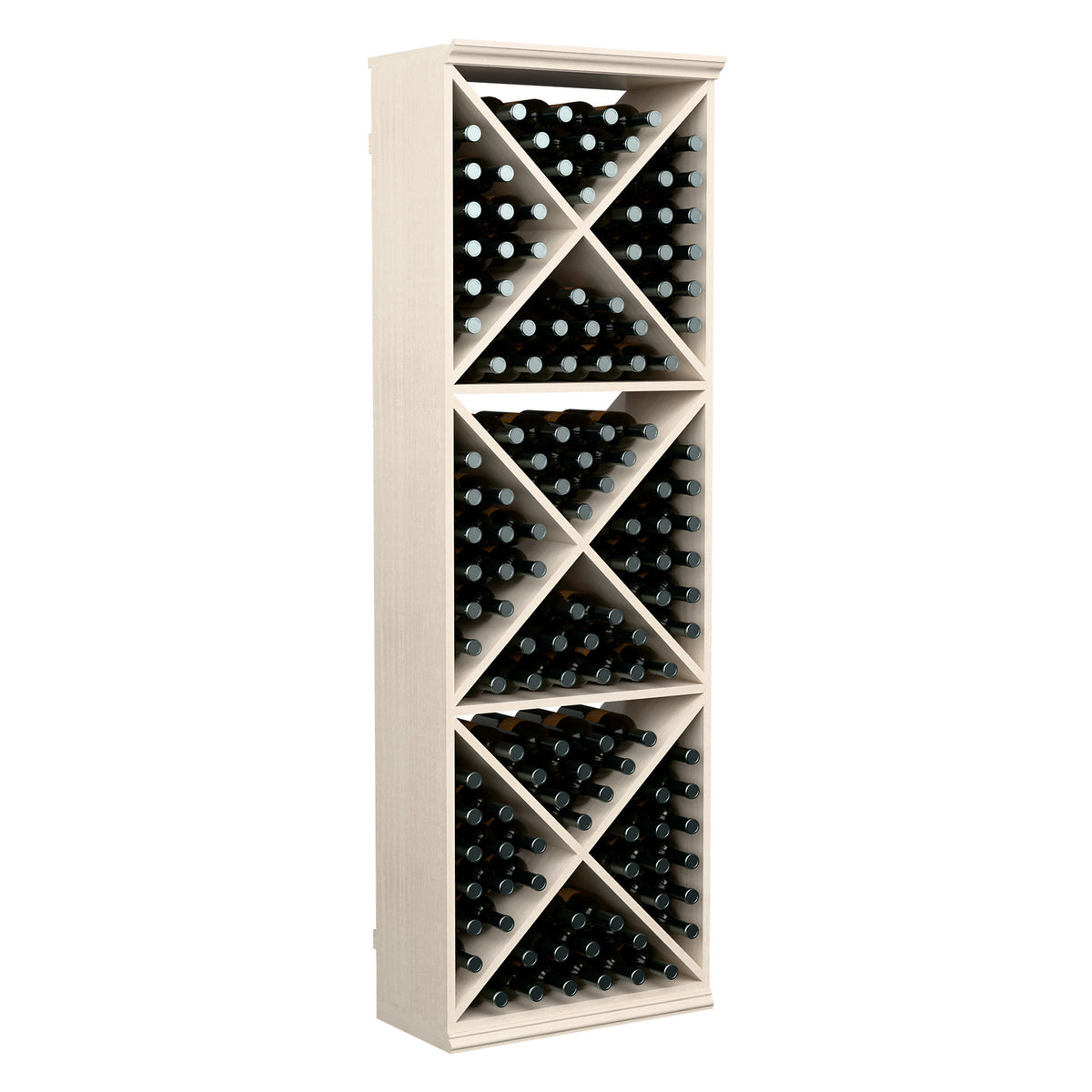 White wood wine bottle storage rack with stacked X-grid bottle holders