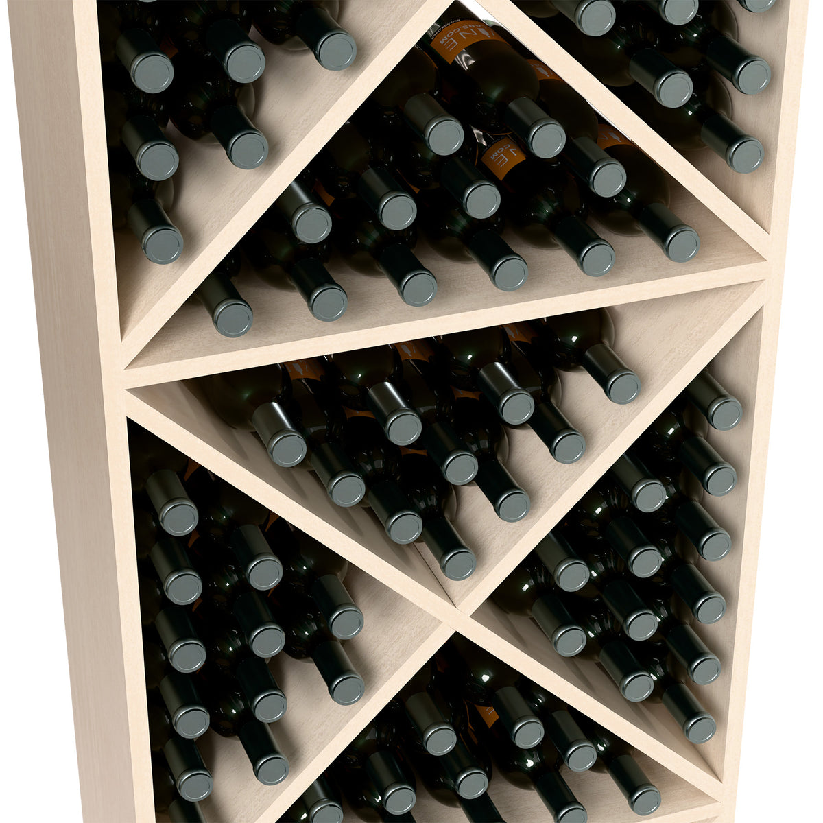 Close-up of white wine rack showing X dividers and wine bottles