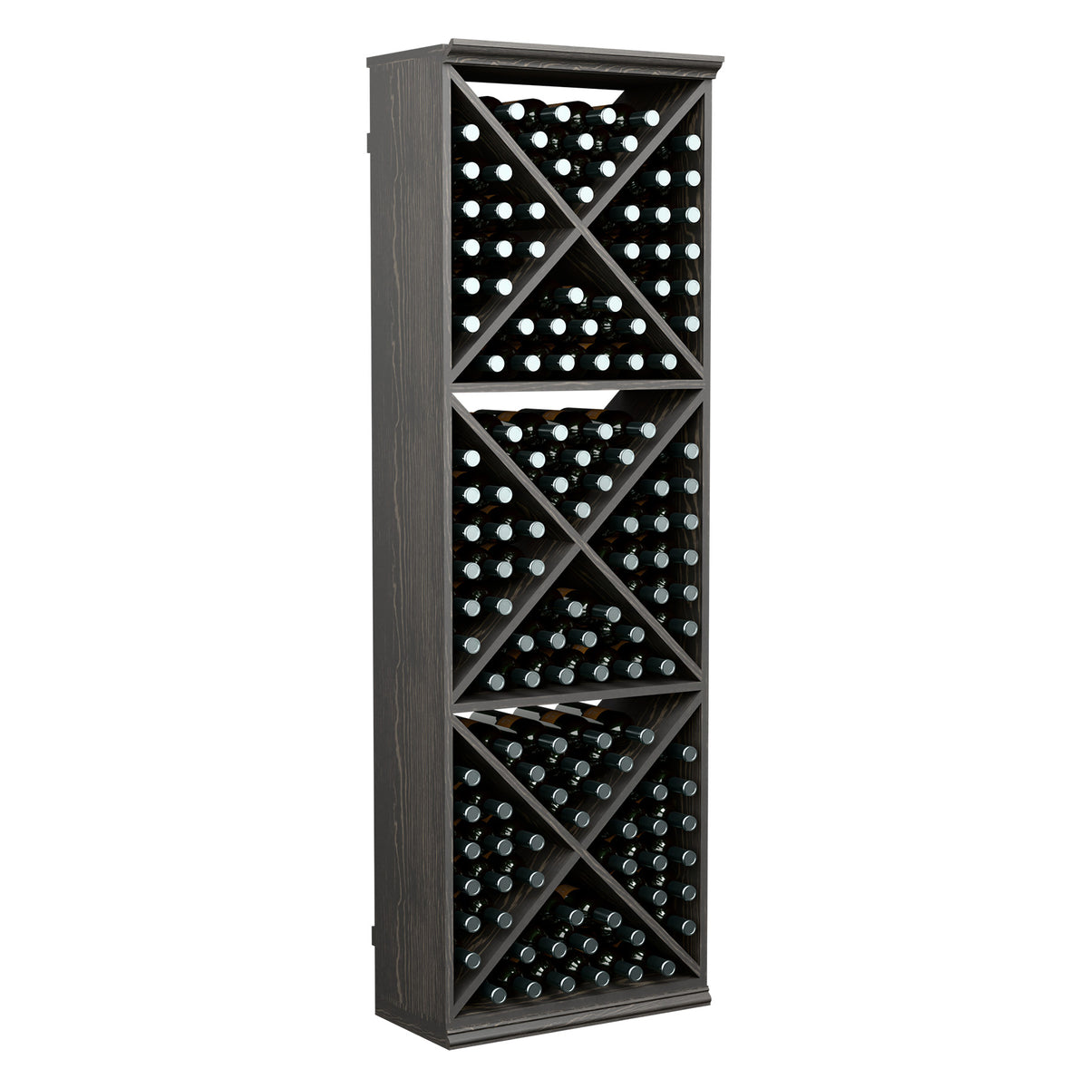 Wine bottle storage rack, 6 ft, dark finish with cross-brace bottle shelves