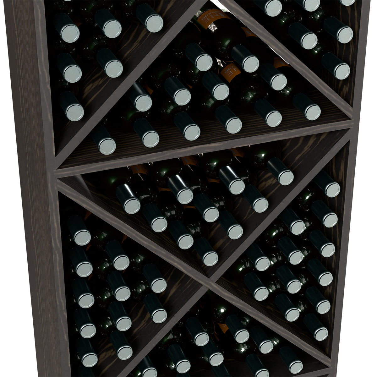 Wine bottle storage rack close-up showing cross-brace compartments filled with bottles