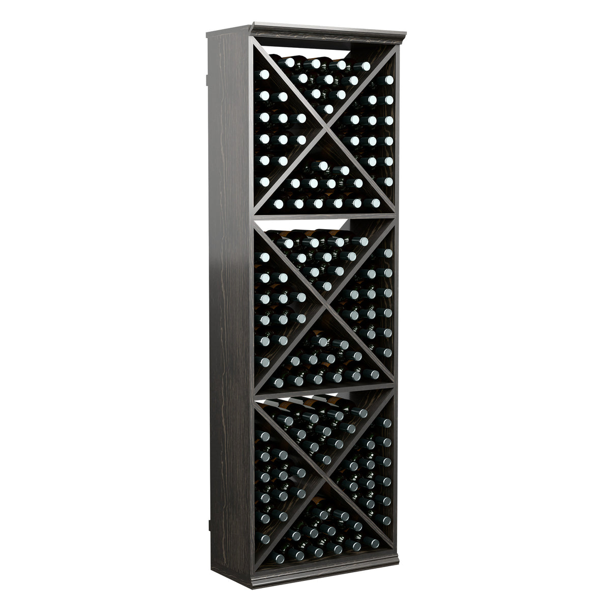 Wine bottle storage rack, 6 ft, dark finish with stacked cross-brace bottle slots