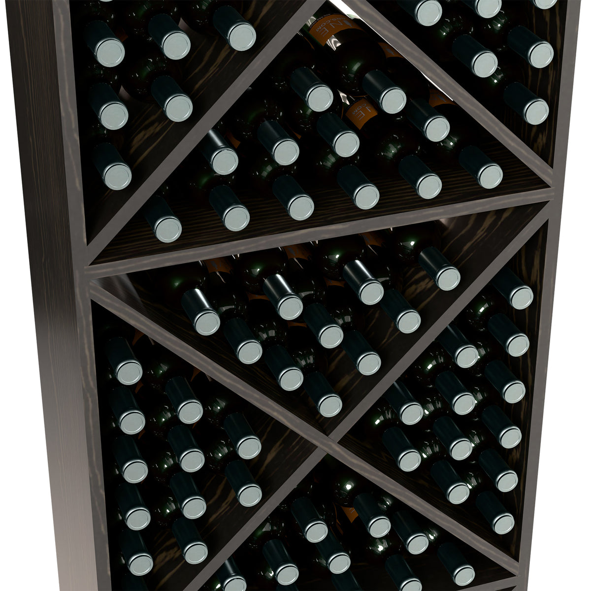 Wine bottle storage rack close-up of crisscross shelves holding dark bottles