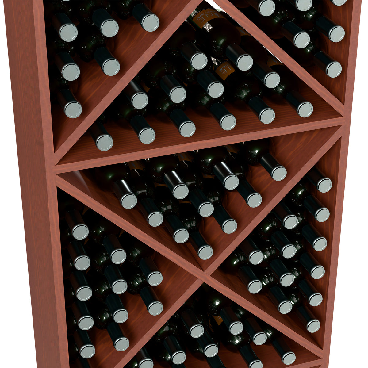 Wine bottle storage rack close-up showing cross-brace compartments with bottles