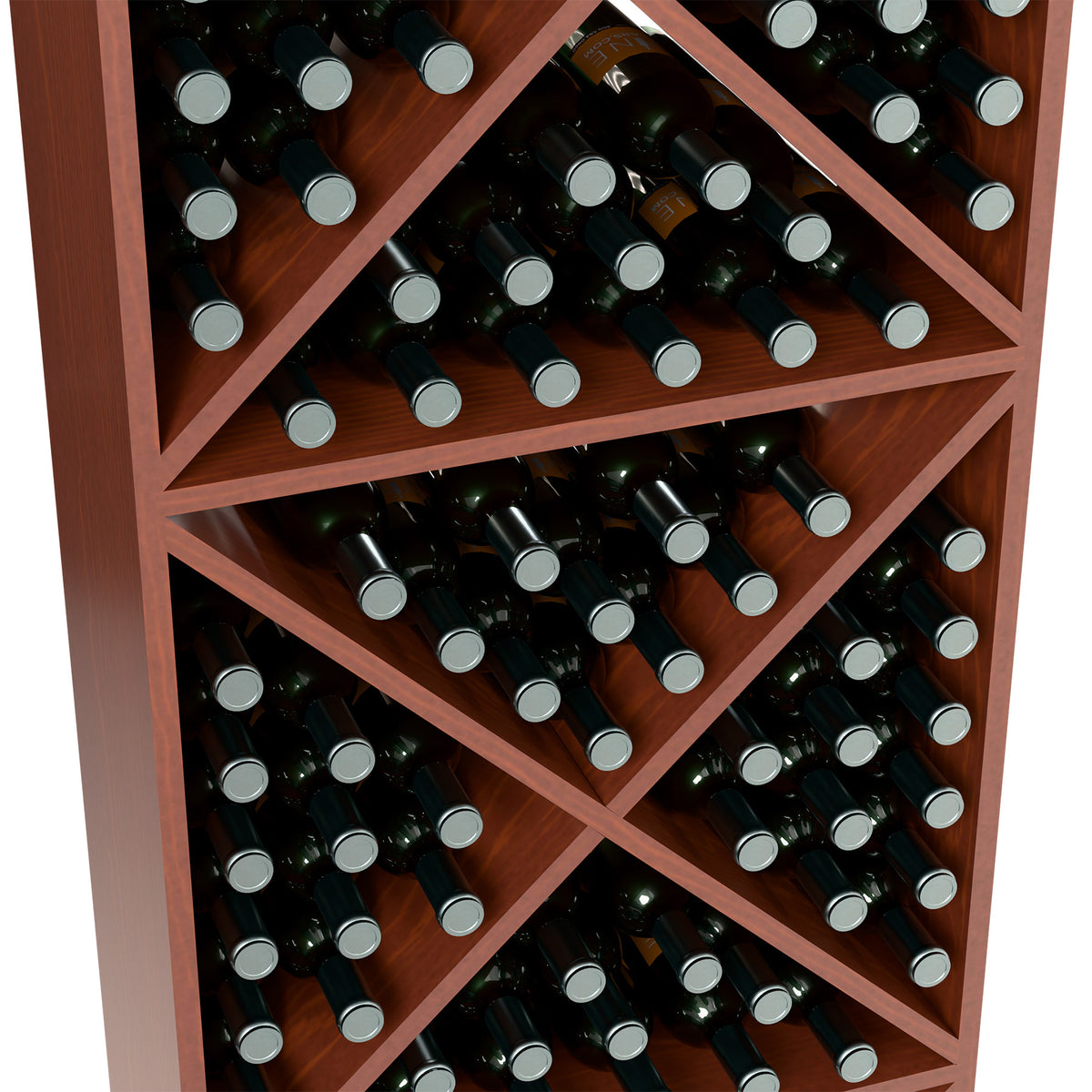 Wine bottle storage rack close-up of crisscross shelves holding bottles