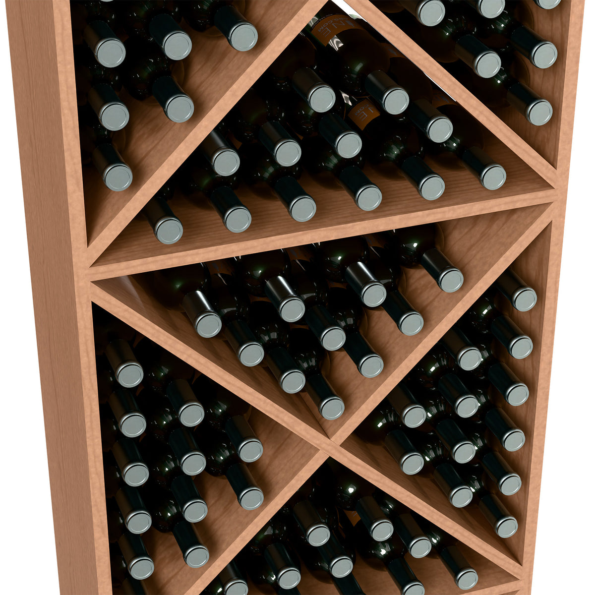 Wine bottle storage rack close-up showing crisscross shelves with bottles