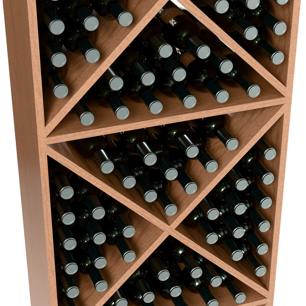 Wine bottle storage rack close-up showing crisscross shelves and dark green bottles