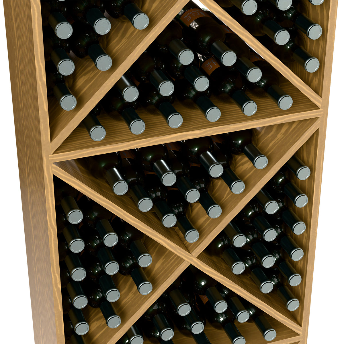 Wine bottle storage rack close-up showing light wood crisscross shelves and bottles