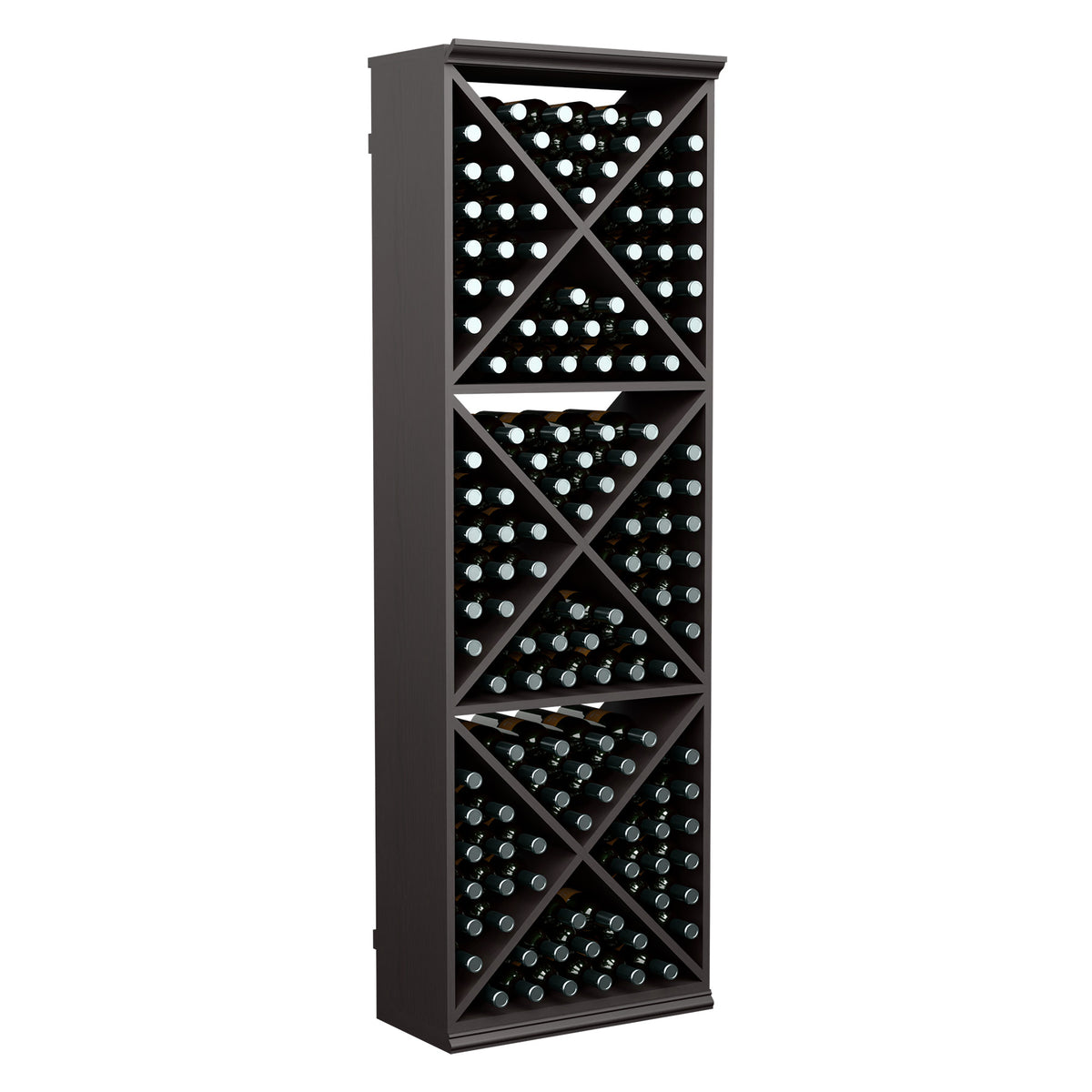 Wine bottle storage rack in dark wood with crisscross shelves, filled with bottles