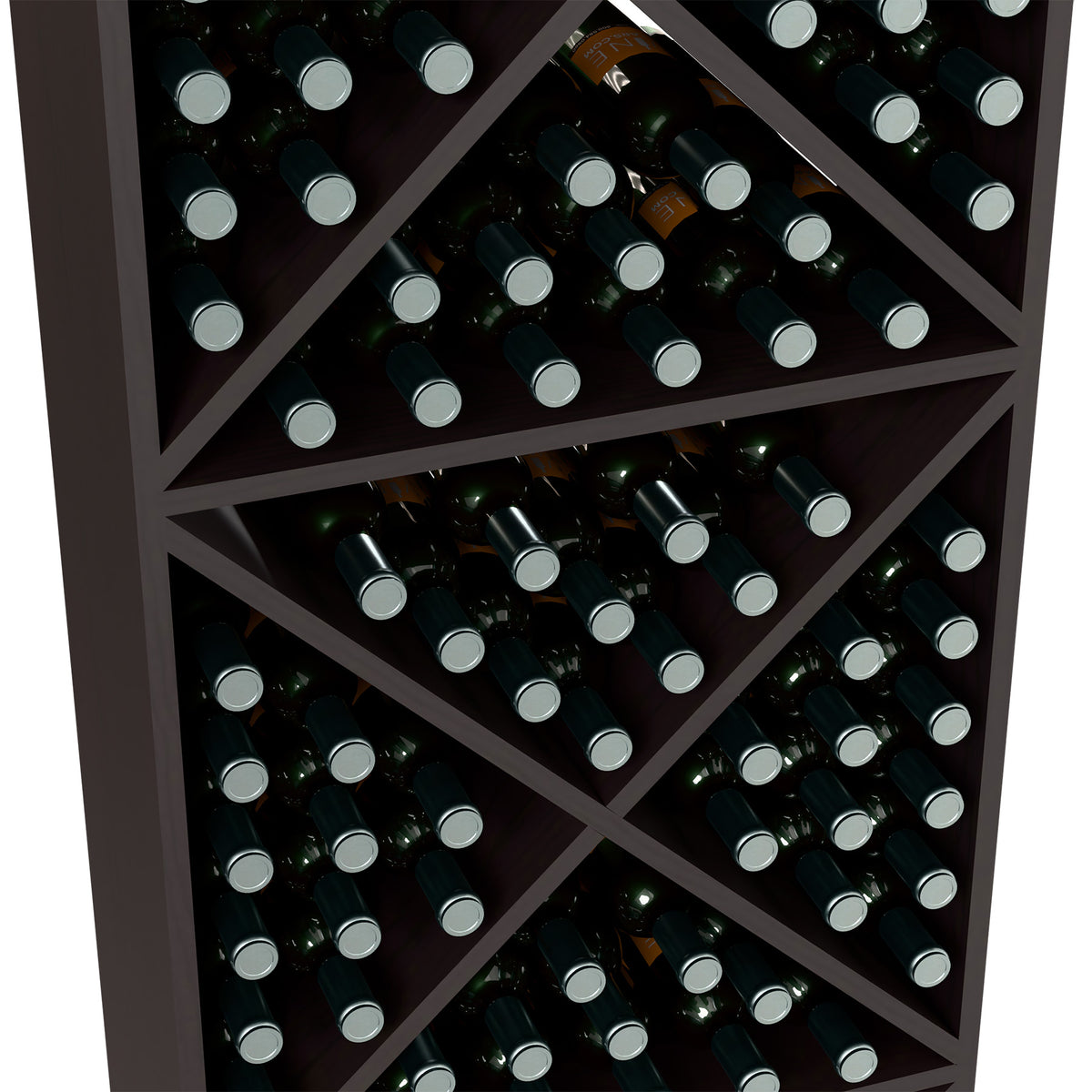 Wine bottle storage rack close-up showing dark wood dividers and dark green bottles