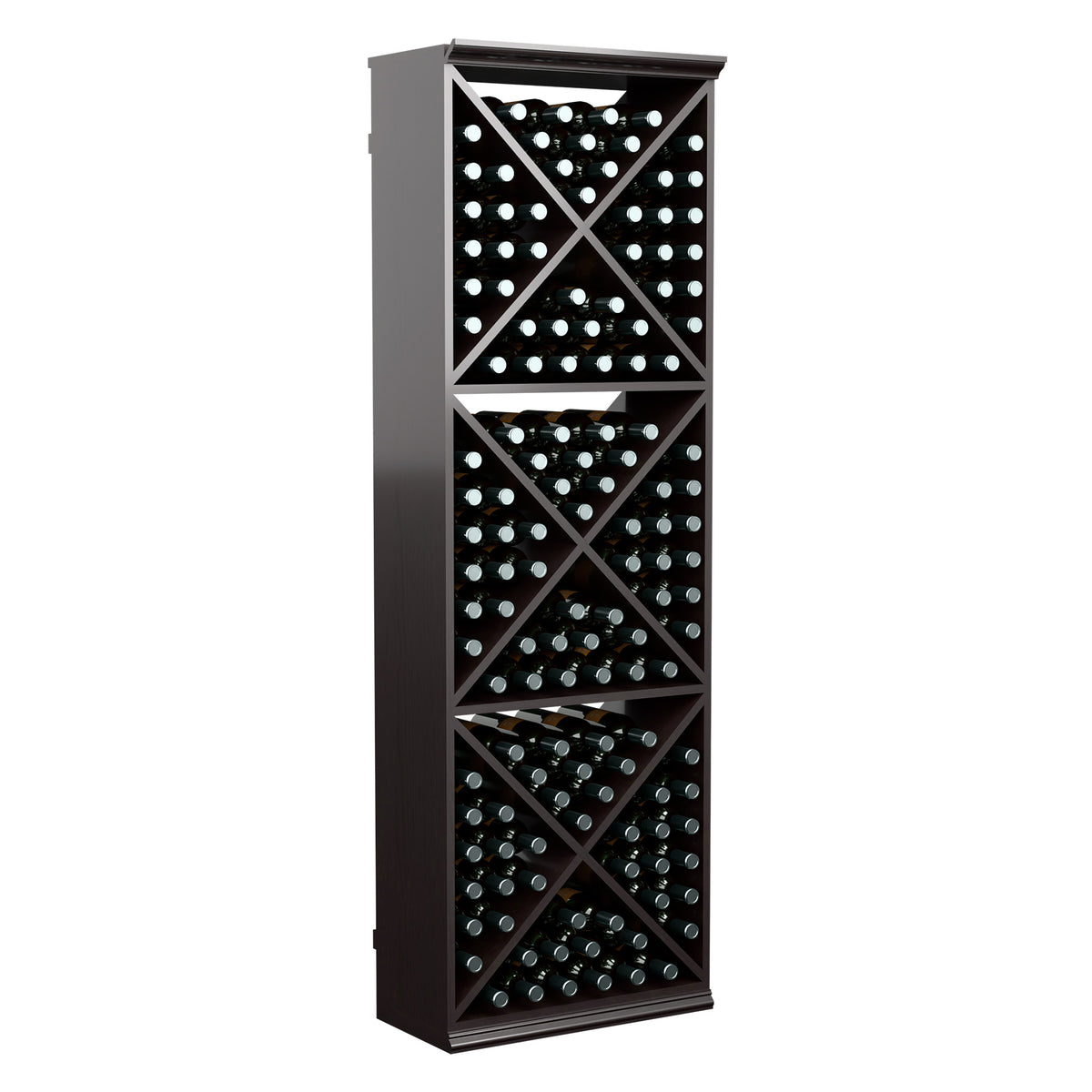 Tall wine bottle storage rack in dark wood with X-style crisscross shelves