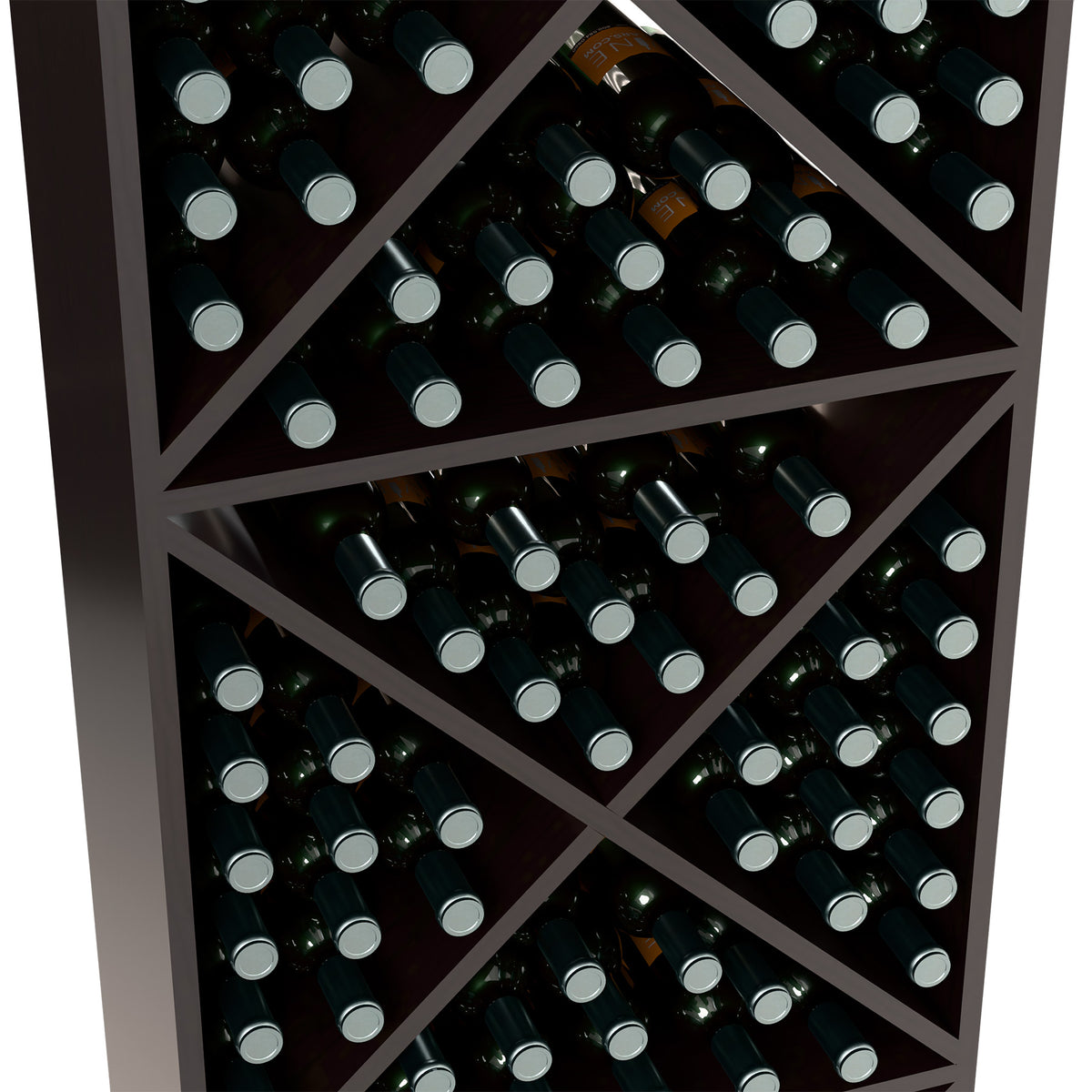 Wine bottle storage rack close-up with dark wood crisscross shelves and bottle tops