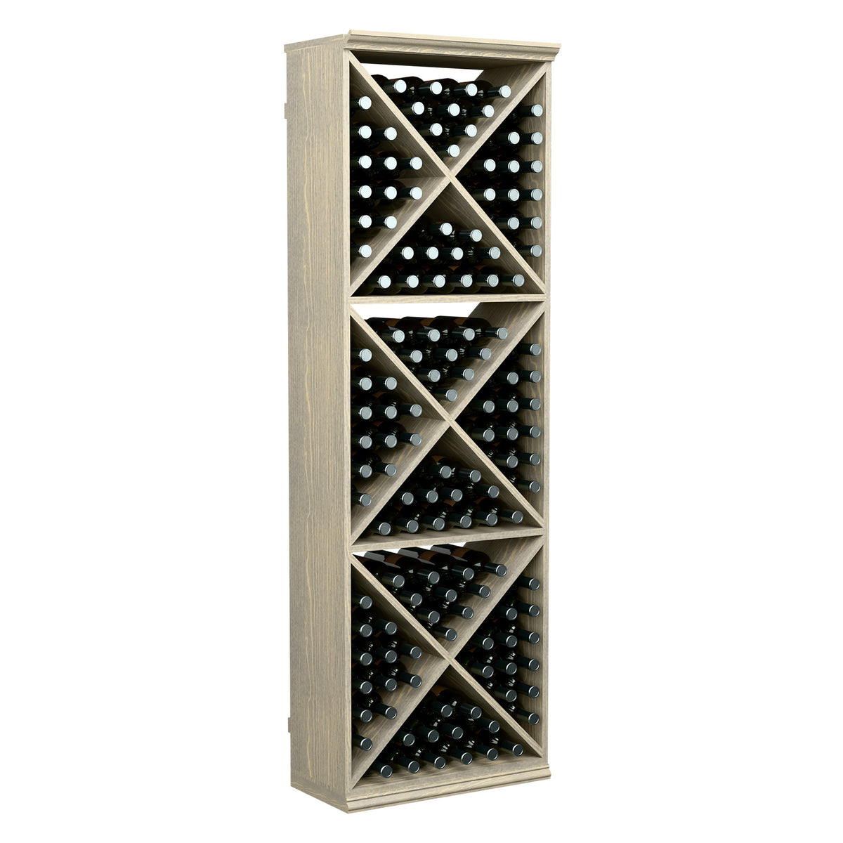 Light wood wine bottle storage rack with crisscross dividers and open front compartments.
