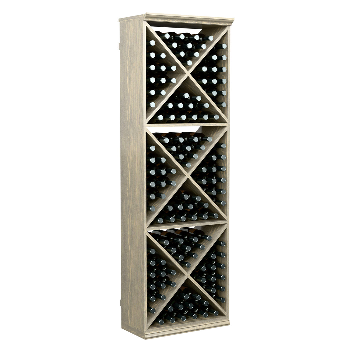 Light wood wine bottle storage rack with crisscross dividers, bottle slots, and open frame.