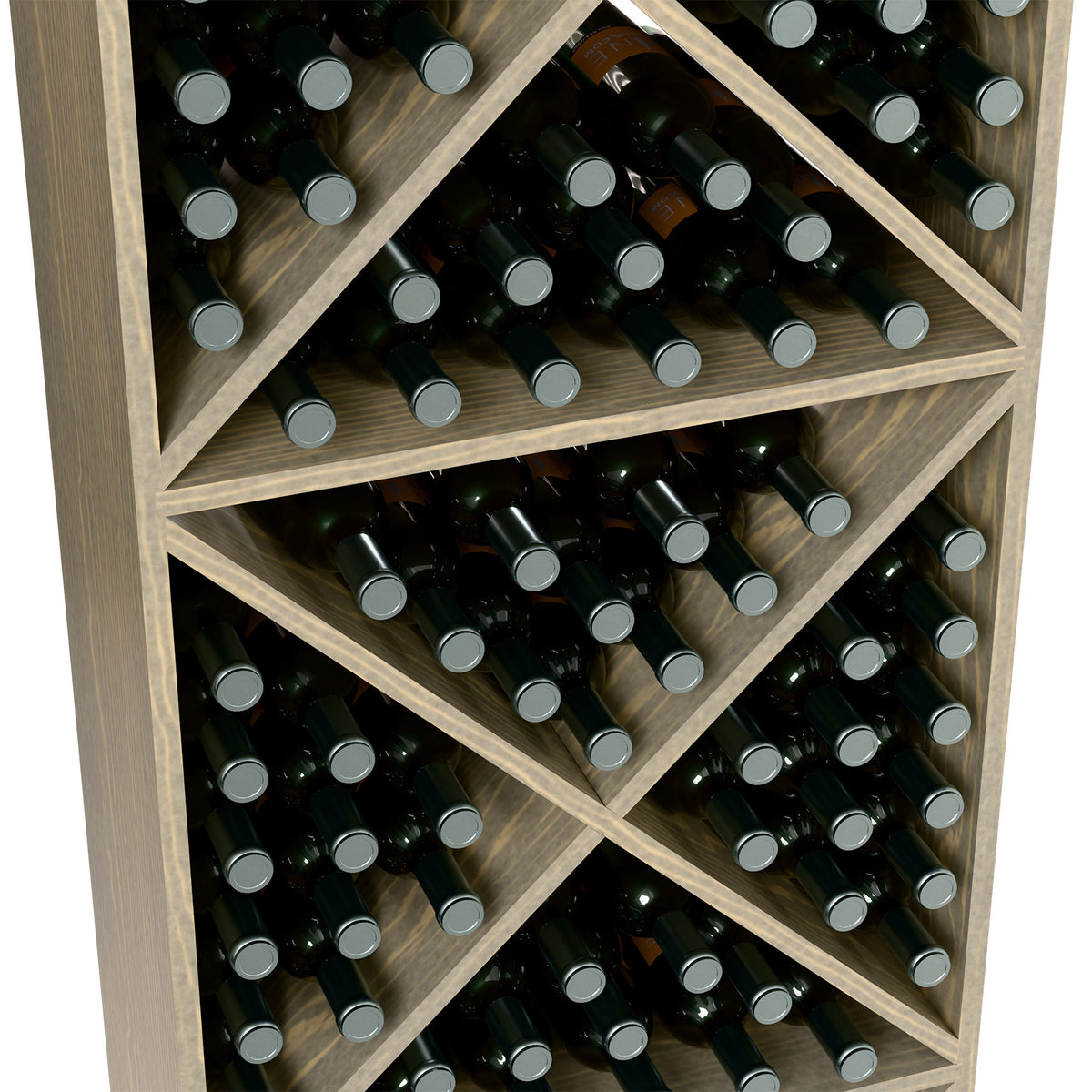 Angled interior view of light wood wine bottle storage rack with multiple crisscross tiers.