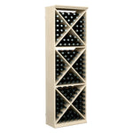 Light wood wine bottle storage rack with open front and crisscross bottle dividers.