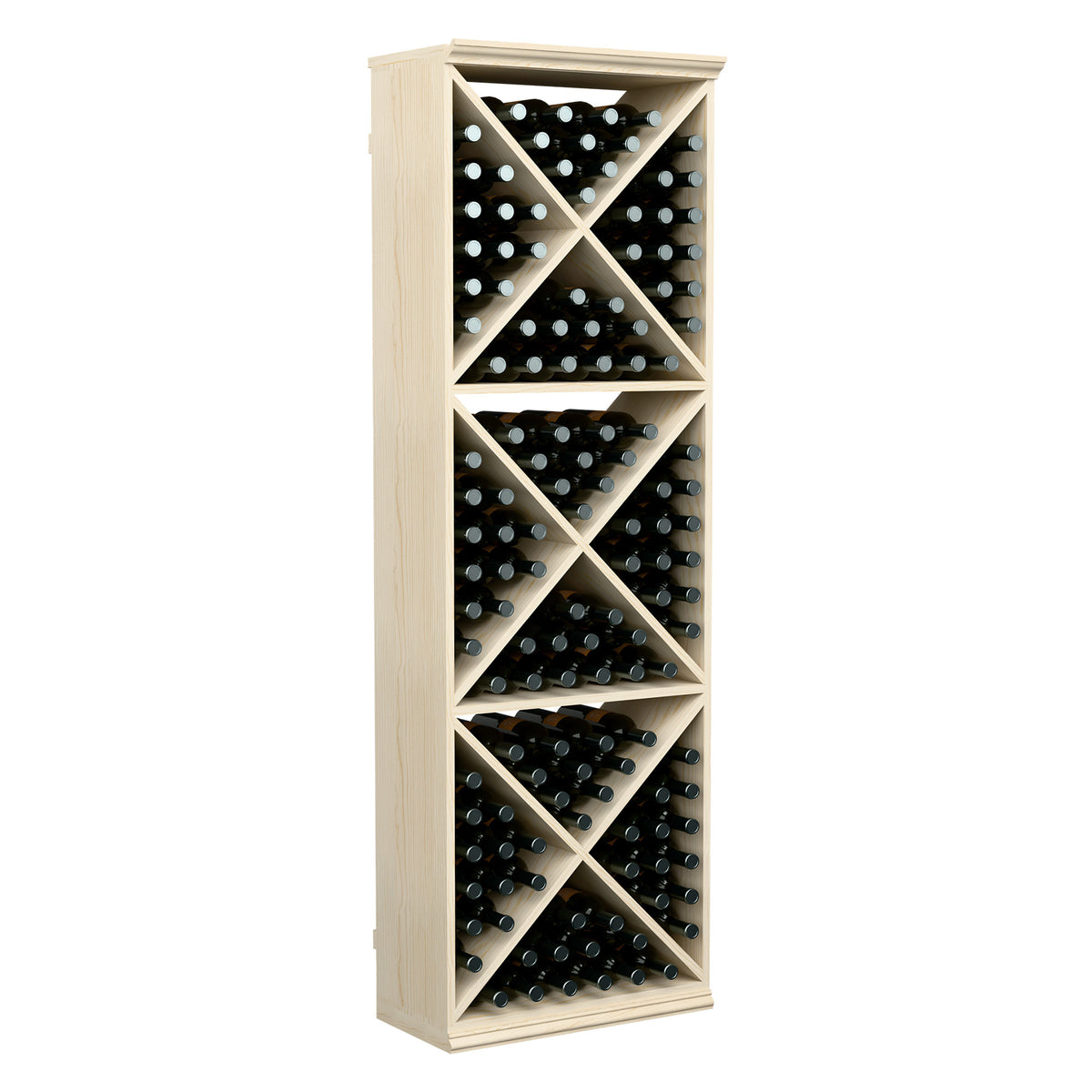 Light wood wine bottle storage rack with open front and crisscross bottle dividers.