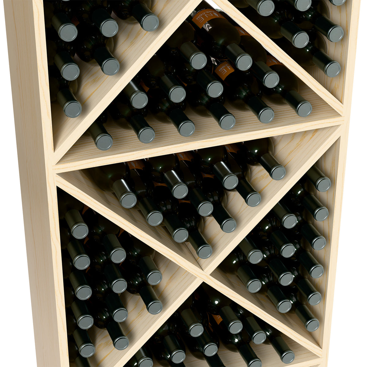 Interior view of light wood wine bottle storage rack with angled crisscross dividers holding bottles.