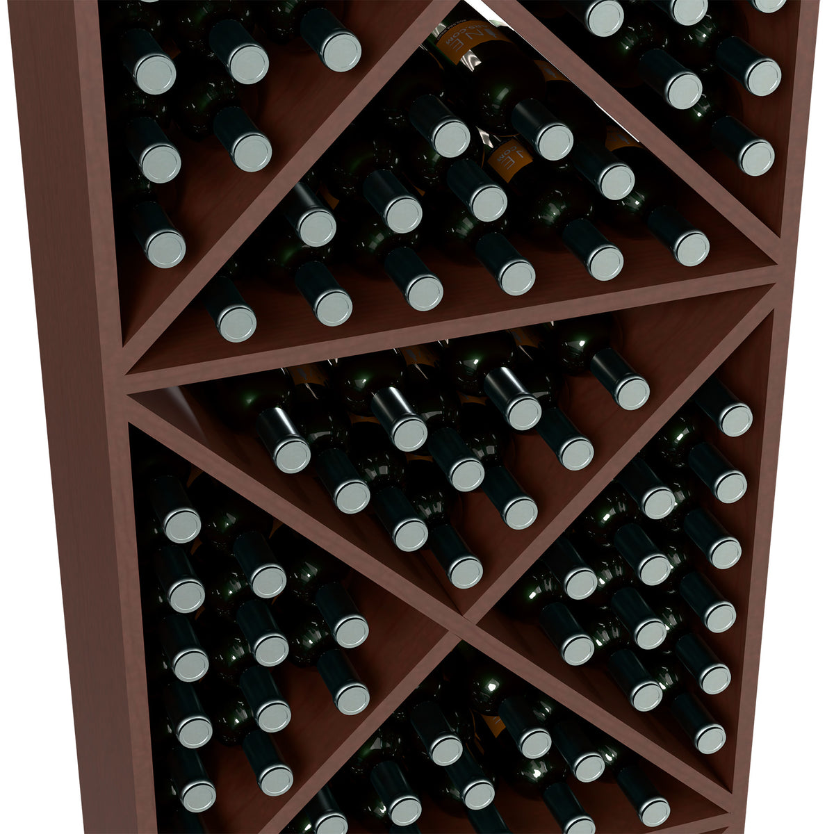 Interior view of dark brown wine bottle storage rack with crisscross dividers and bottle slots.