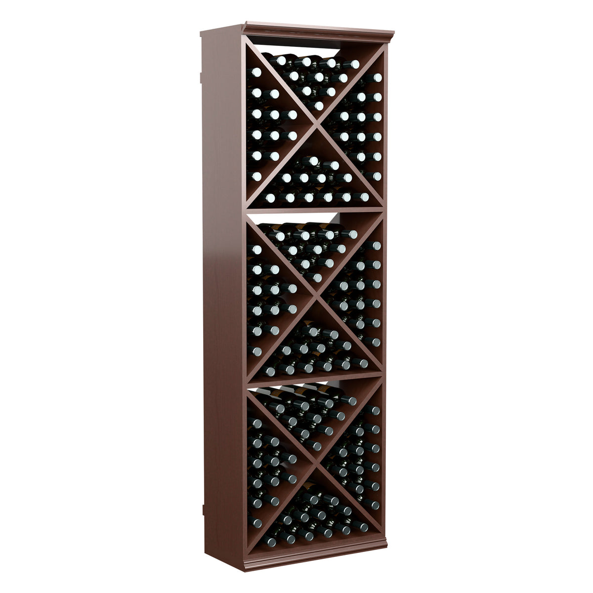 Dark wood wine bottle rack with X-cube cubbies, holding bottles, 6-ft tall