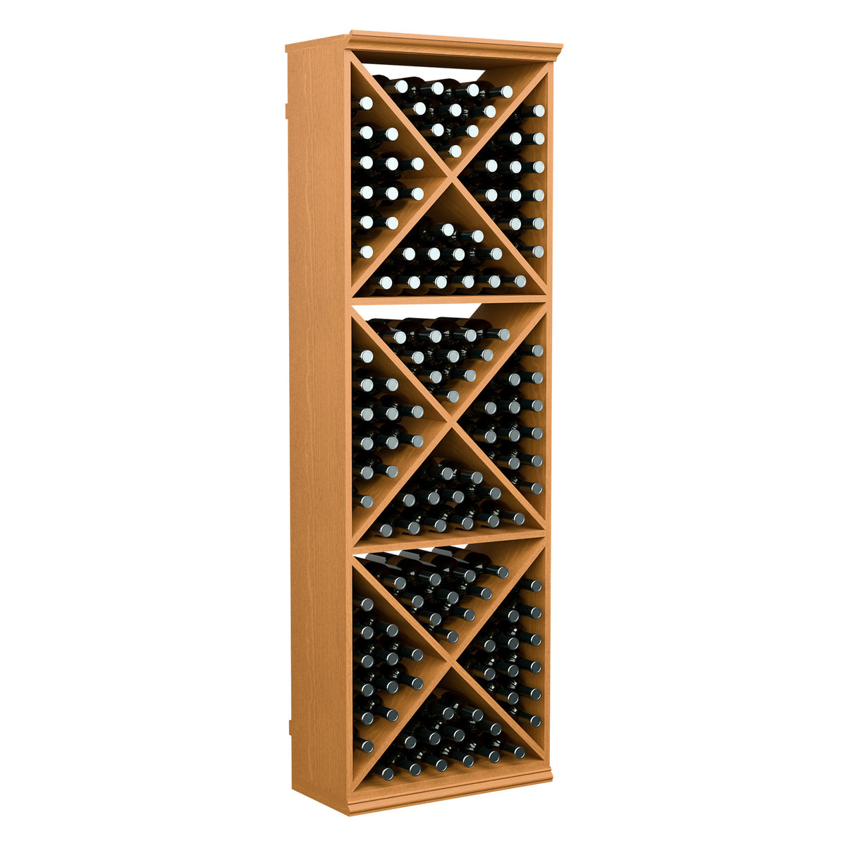 Light wood wine bottle storage rack with X-cube cubbies, holding bottles, 6-ft tall