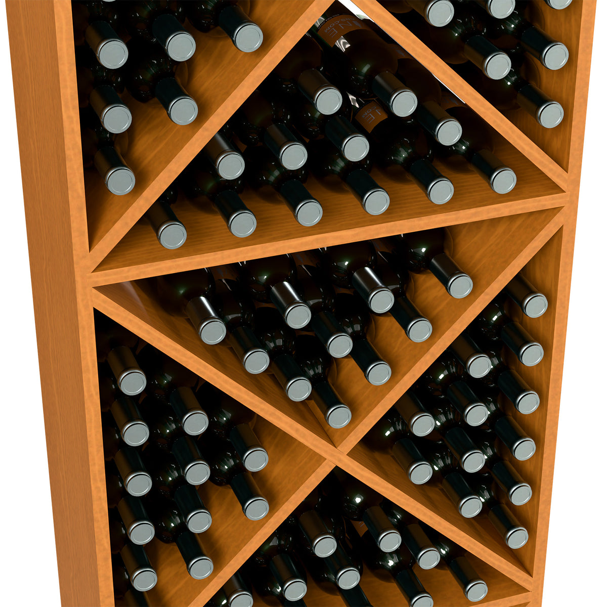 Light wood wine bottle rack with X-cube cubbies, filled with bottles (close view)