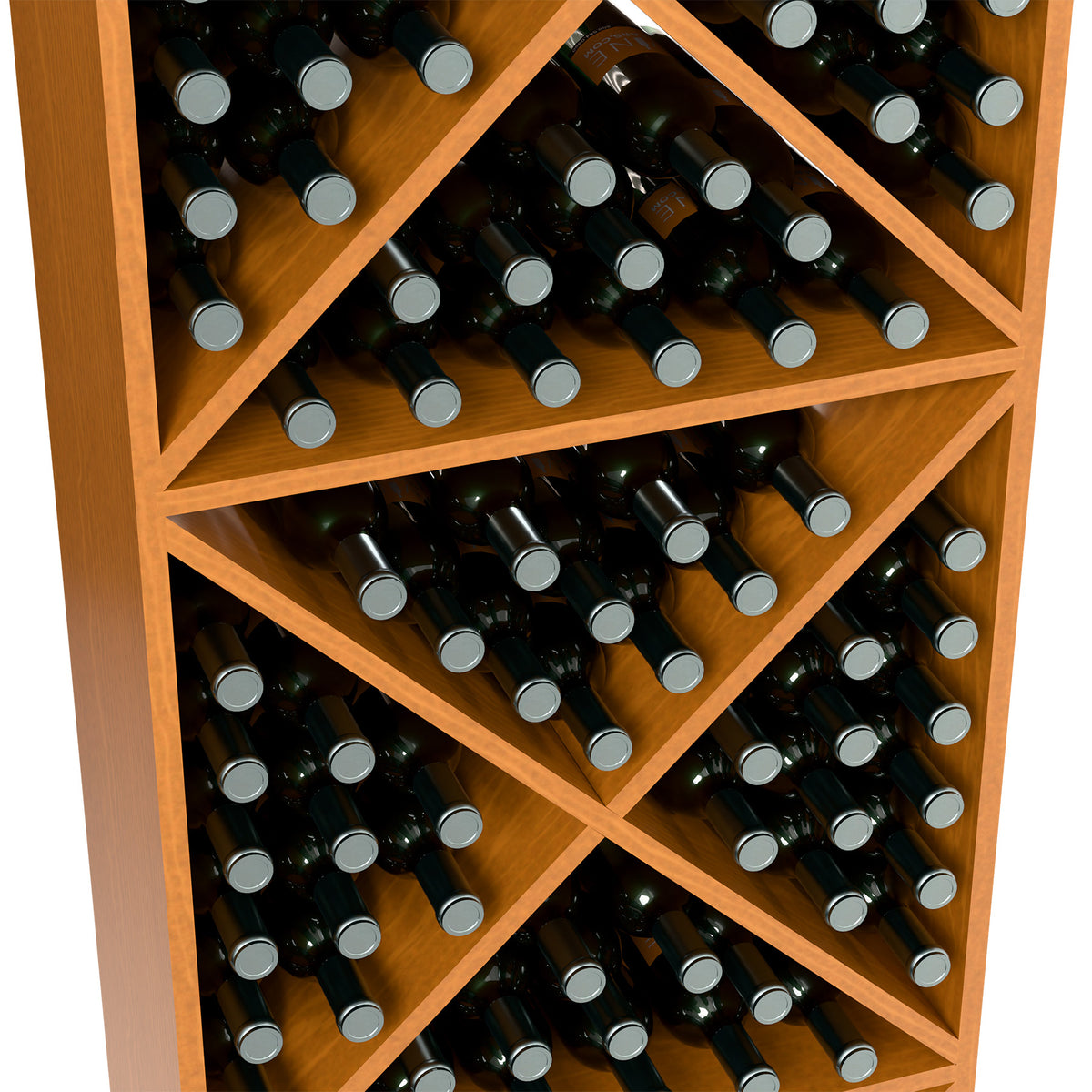 Natural wood wine bottle rack close-up with X-cube cubbies filled with bottles