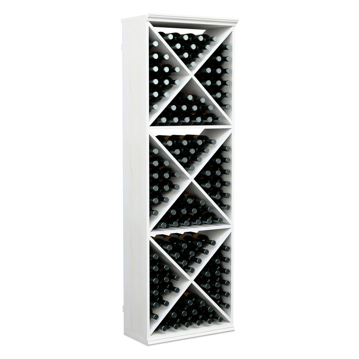White wine bottle storage rack with X-cube cubbies, holding bottles, 6-ft tall