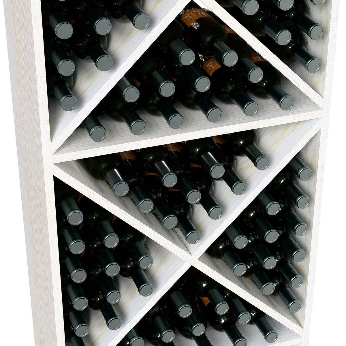White wine bottle rack close-up showing X-cube cubbies filled with bottles